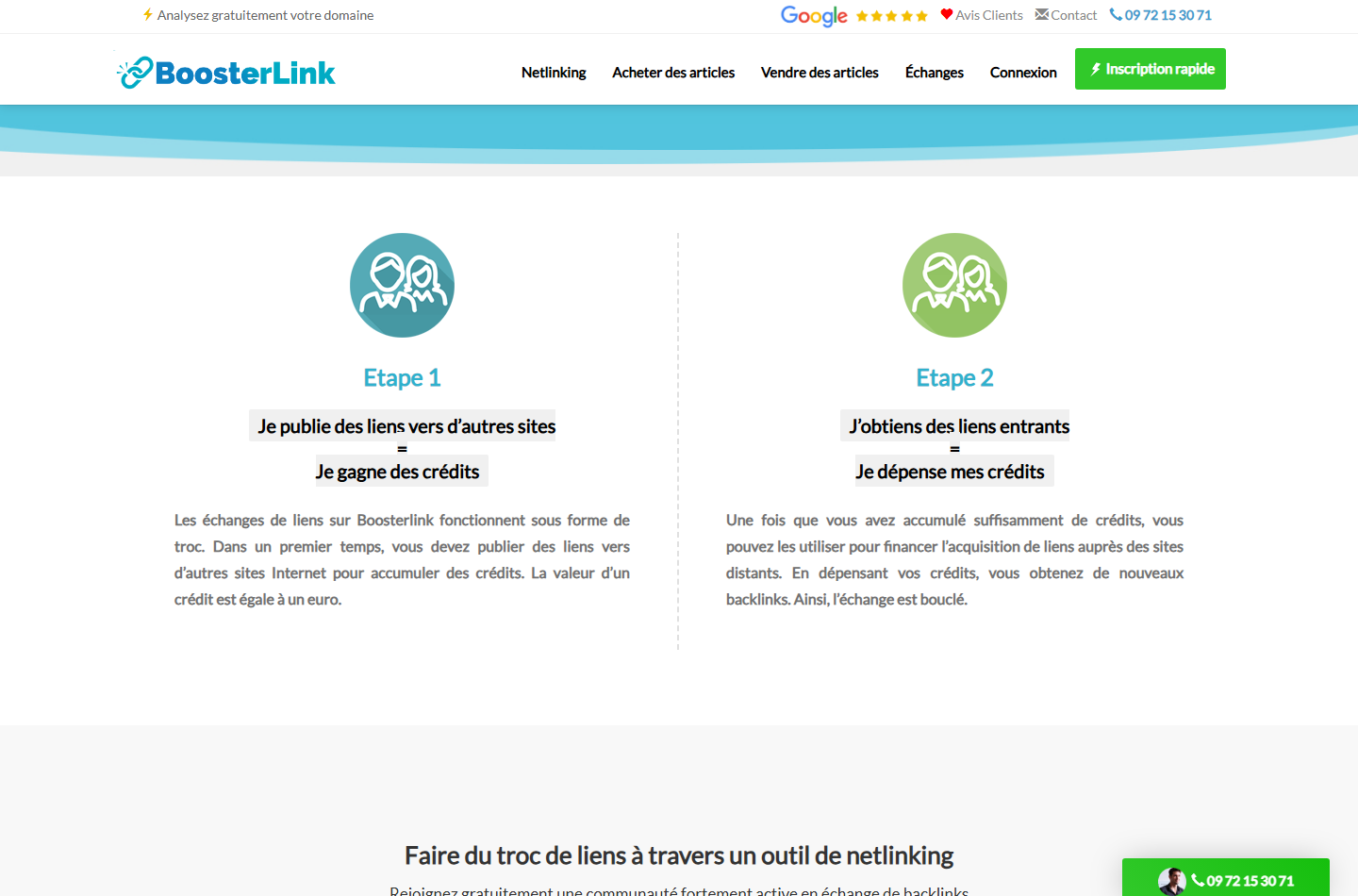 Système d'échange de liens Boosterlink expliqué en deux étapes avec un système de crédits