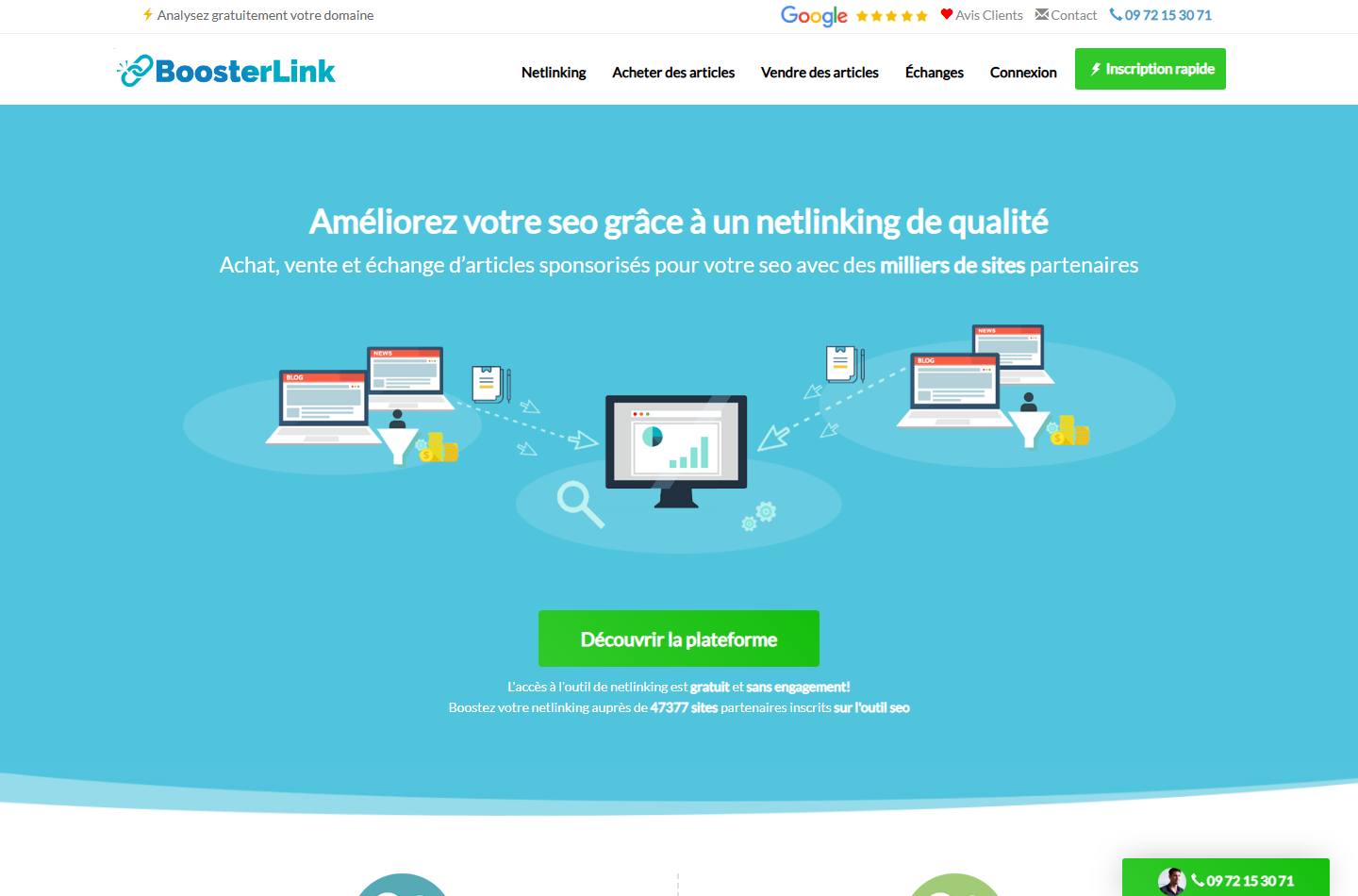 Page d'accueil de Boosterlink présentant l'achat, la vente et l'échange d'articles sponsorisés