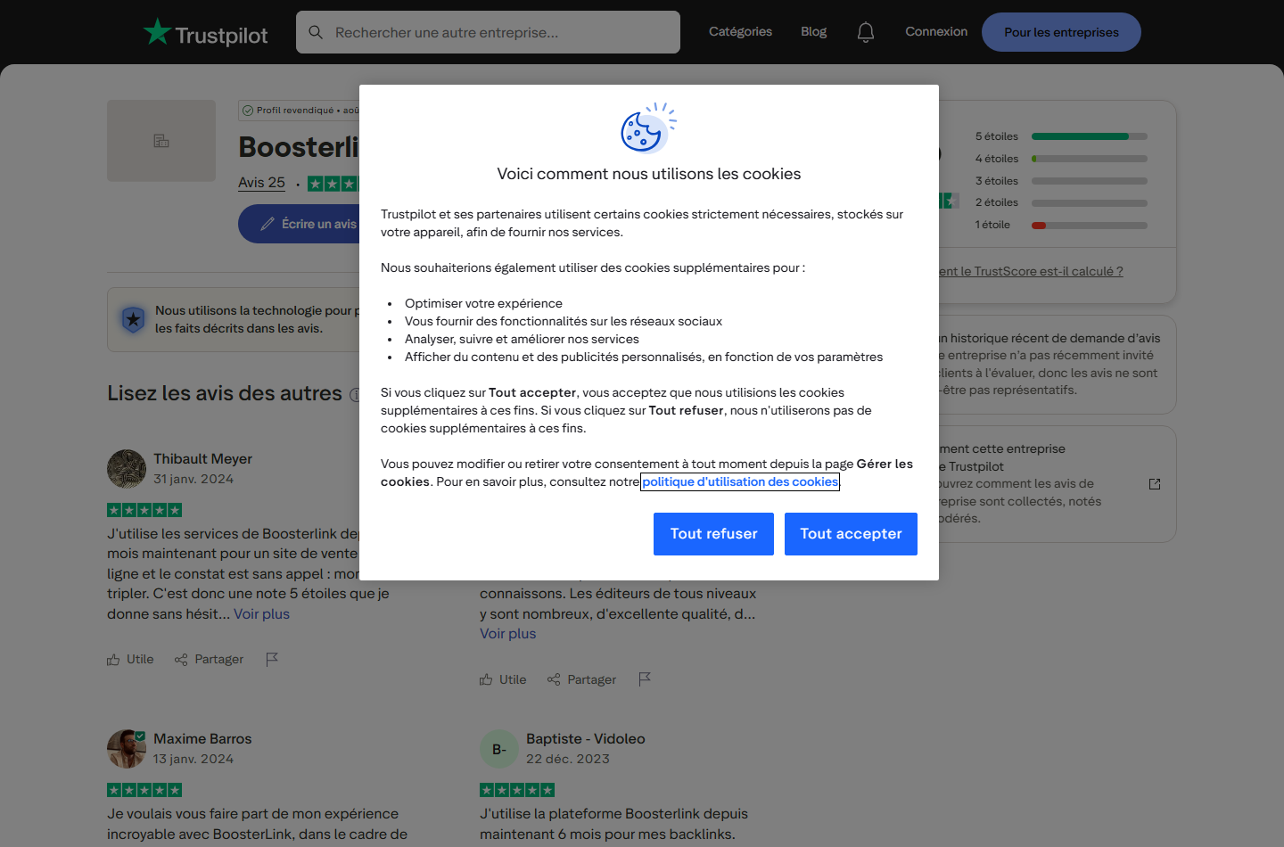 Fiche Trustpilot de Boosterlink notée 4,6 sur 5