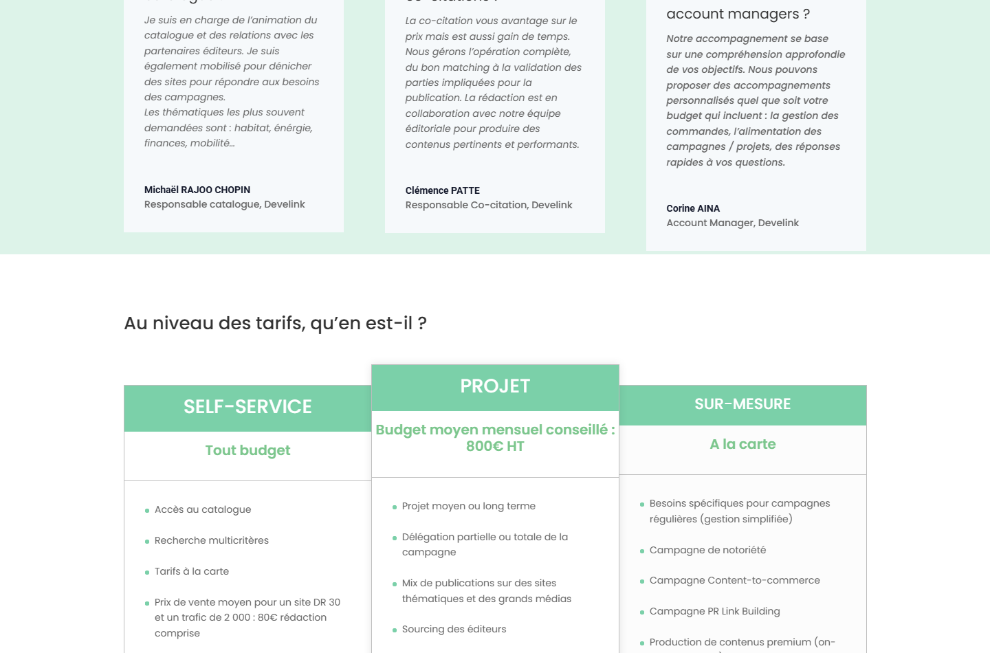 Grille tarifaire de Develink en 2026 avec les formules self-service, projet et sur-mesure