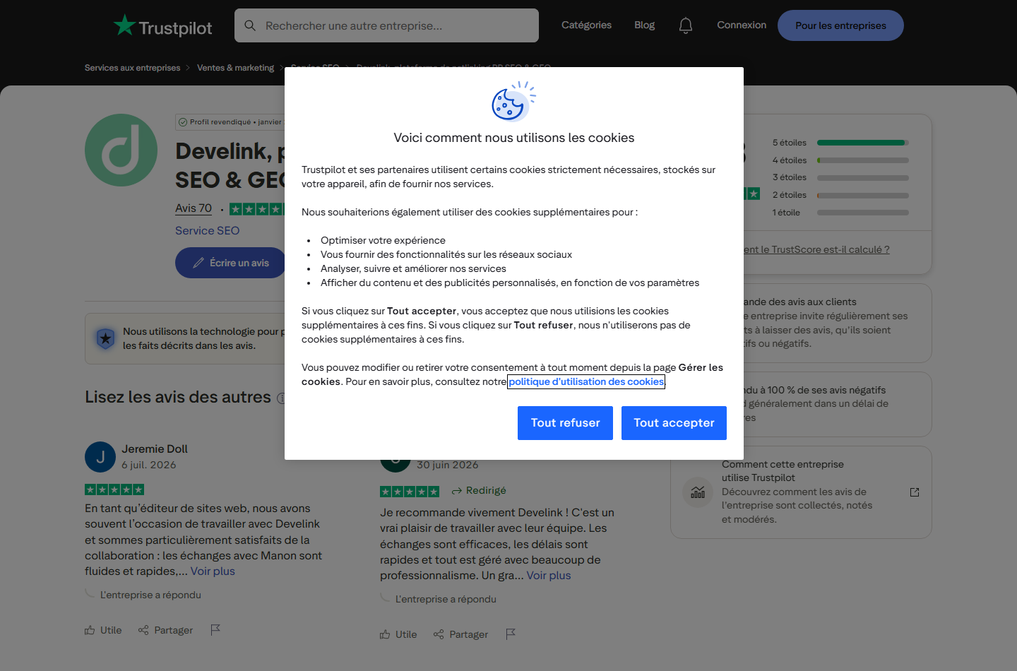 Fiche Trustpilot de Develink notée 4,8 sur 5 sur 70 avis