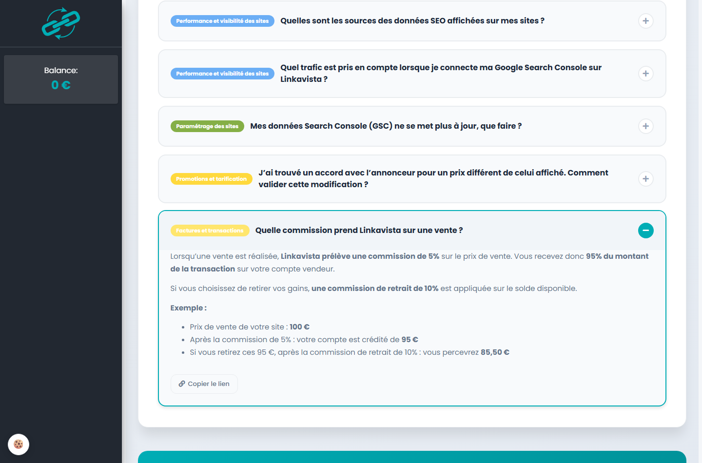 Centre d'aide de Linkavista détaillant les commissions et les modalités de paiement