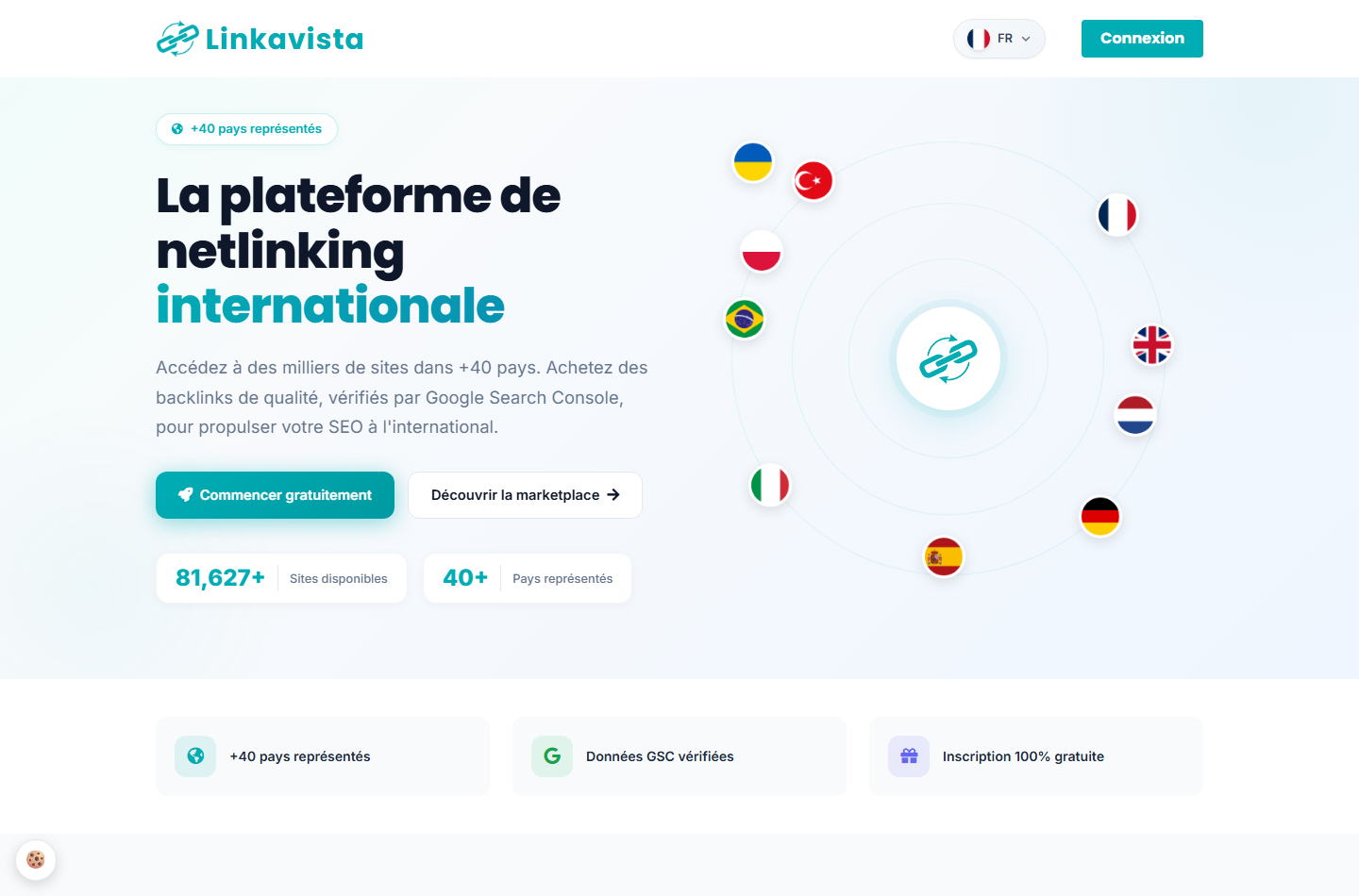 Page d'accueil de Linkavista, plateforme de netlinking internationale avec plus de 40 pays représentés