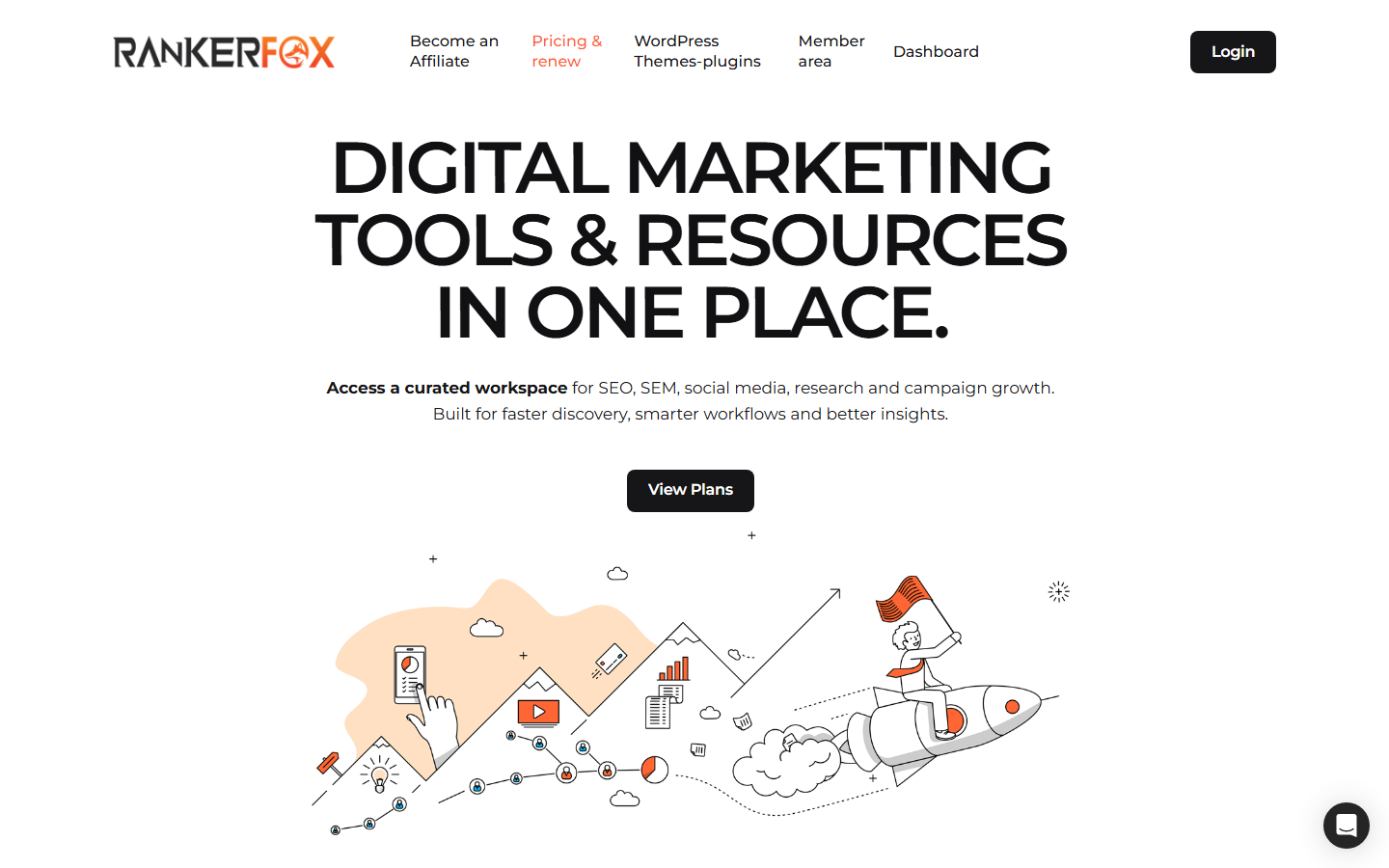 Page d'accueil de Rankerfox présentant l'accès aux outils de marketing digital