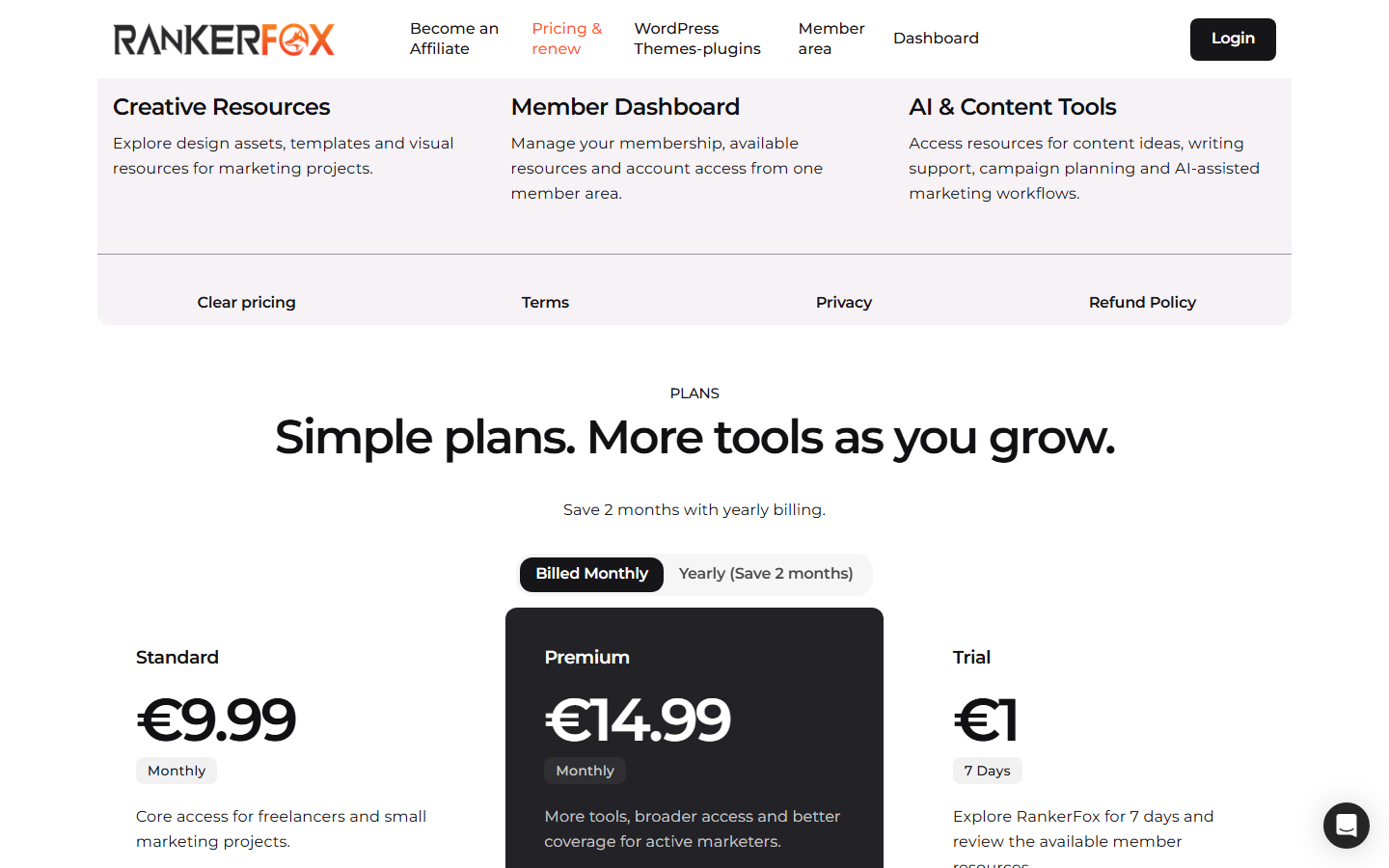 Grille tarifaire de Rankerfox en 2026 avec les formules Standard, Premium et l'essai à 1 euro