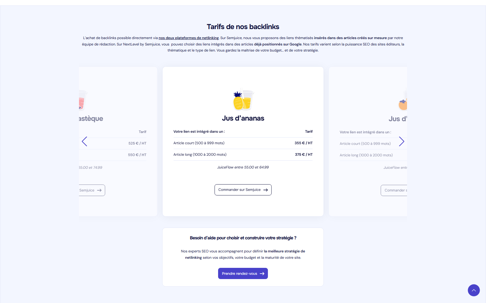 Grille tarifaire des backlinks Semjuice en 2026 par palier de JuiceFlow