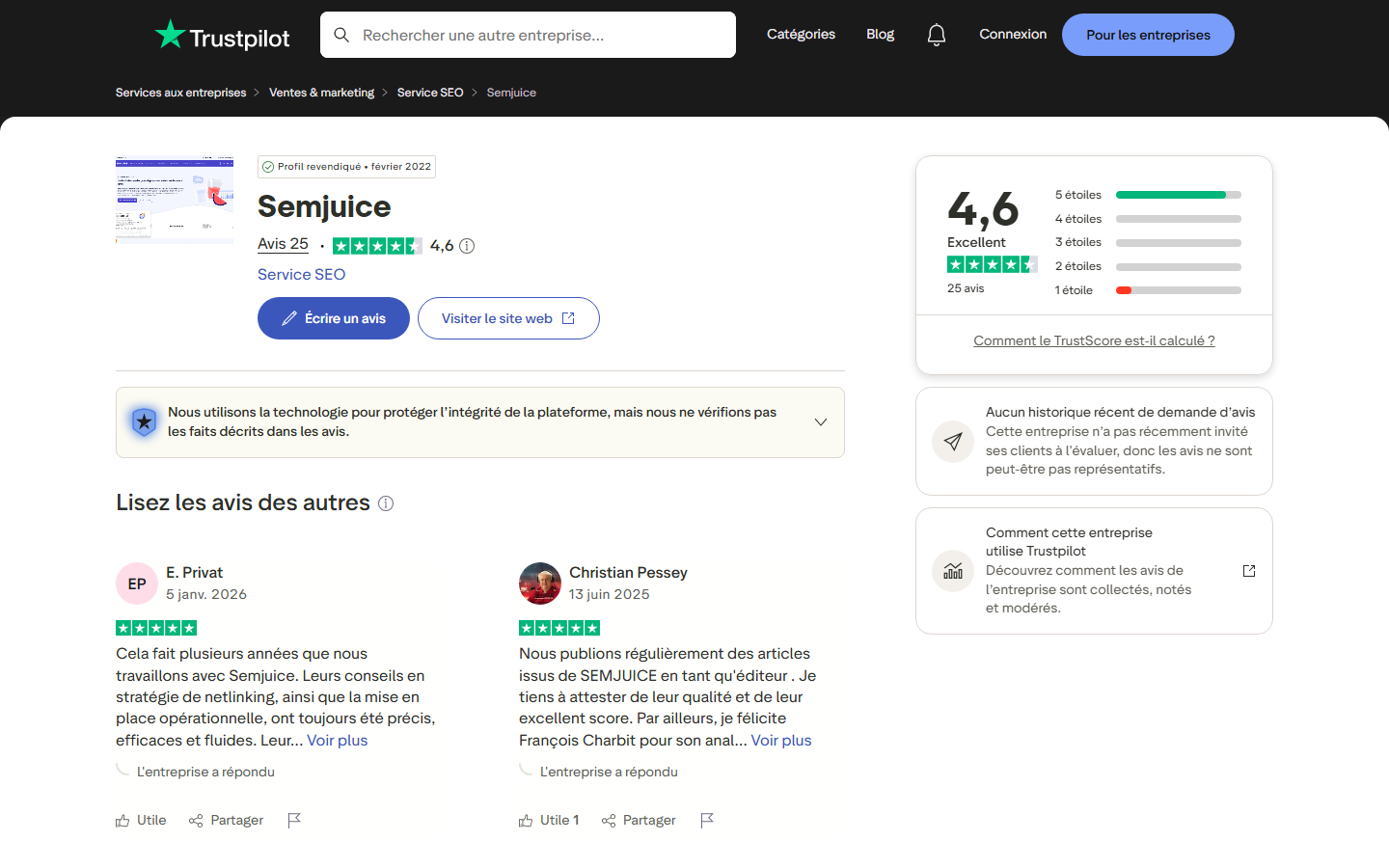 Fiche Trustpilot de Semjuice notée 4,6 sur 5 avec profil revendiqué