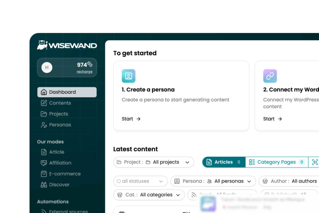 Tableau de bord Wisewand avec la liste des modes disponibles dans le menu latéral