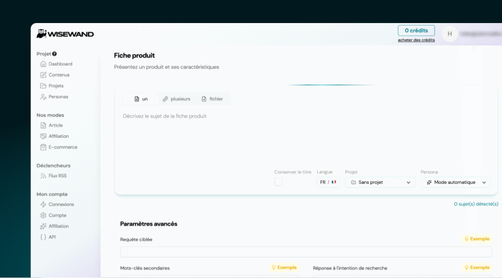 Interface du mode E-commerce de Wisewand pour créer une fiche produit