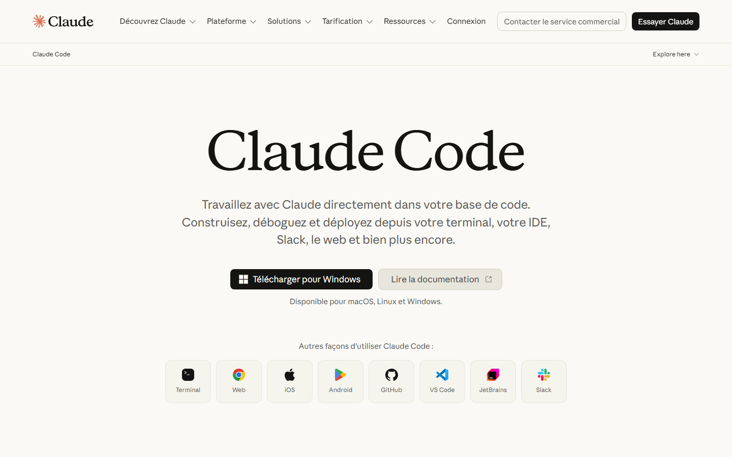 Page officielle de Claude Code, l'assistant IA qui travaille en ligne de commande