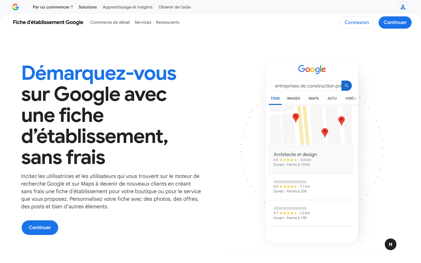 Page de présentation des fiches d'établissement Google