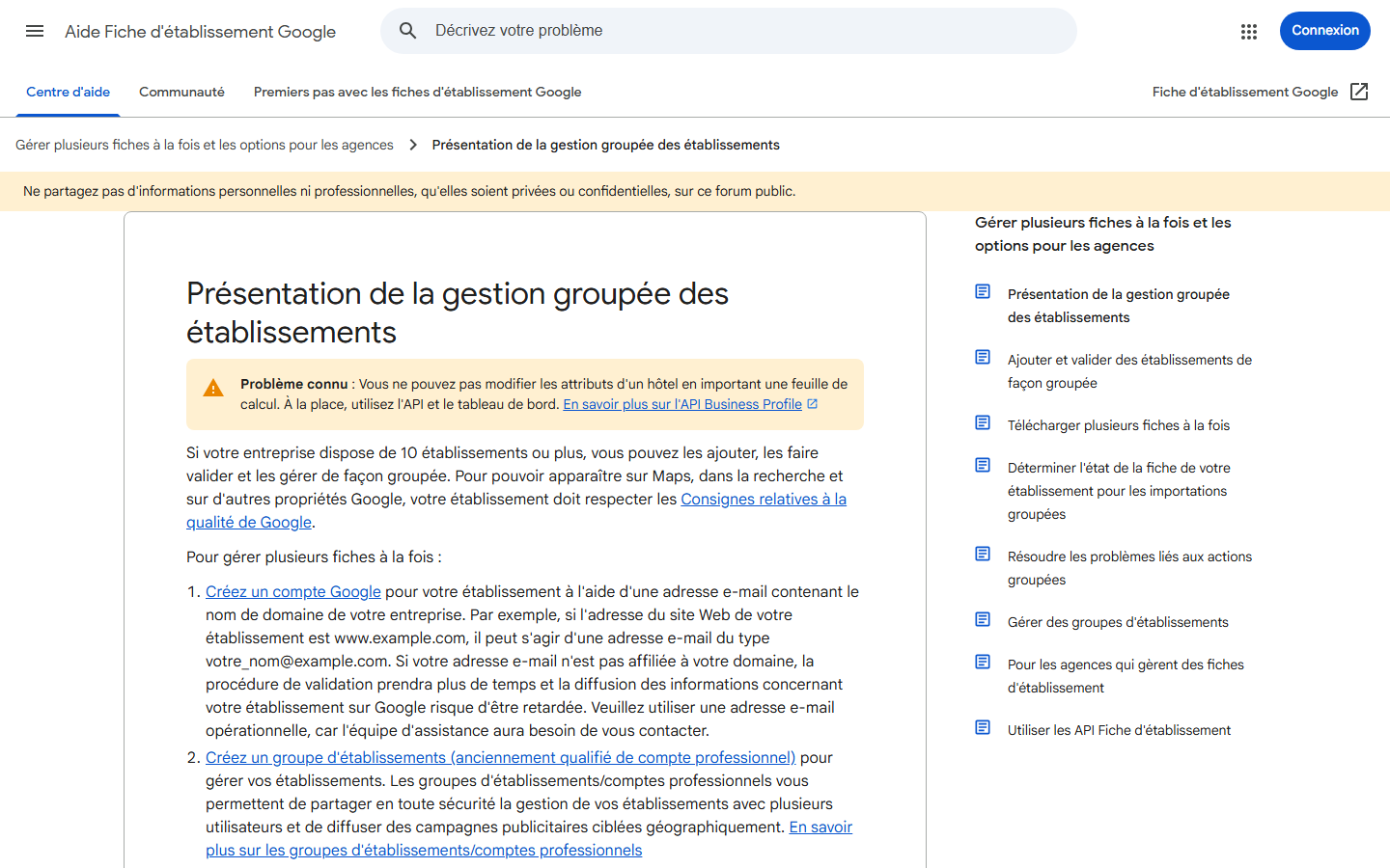 Documentation Google sur la gestion groupée de plusieurs fiches d'établissement
