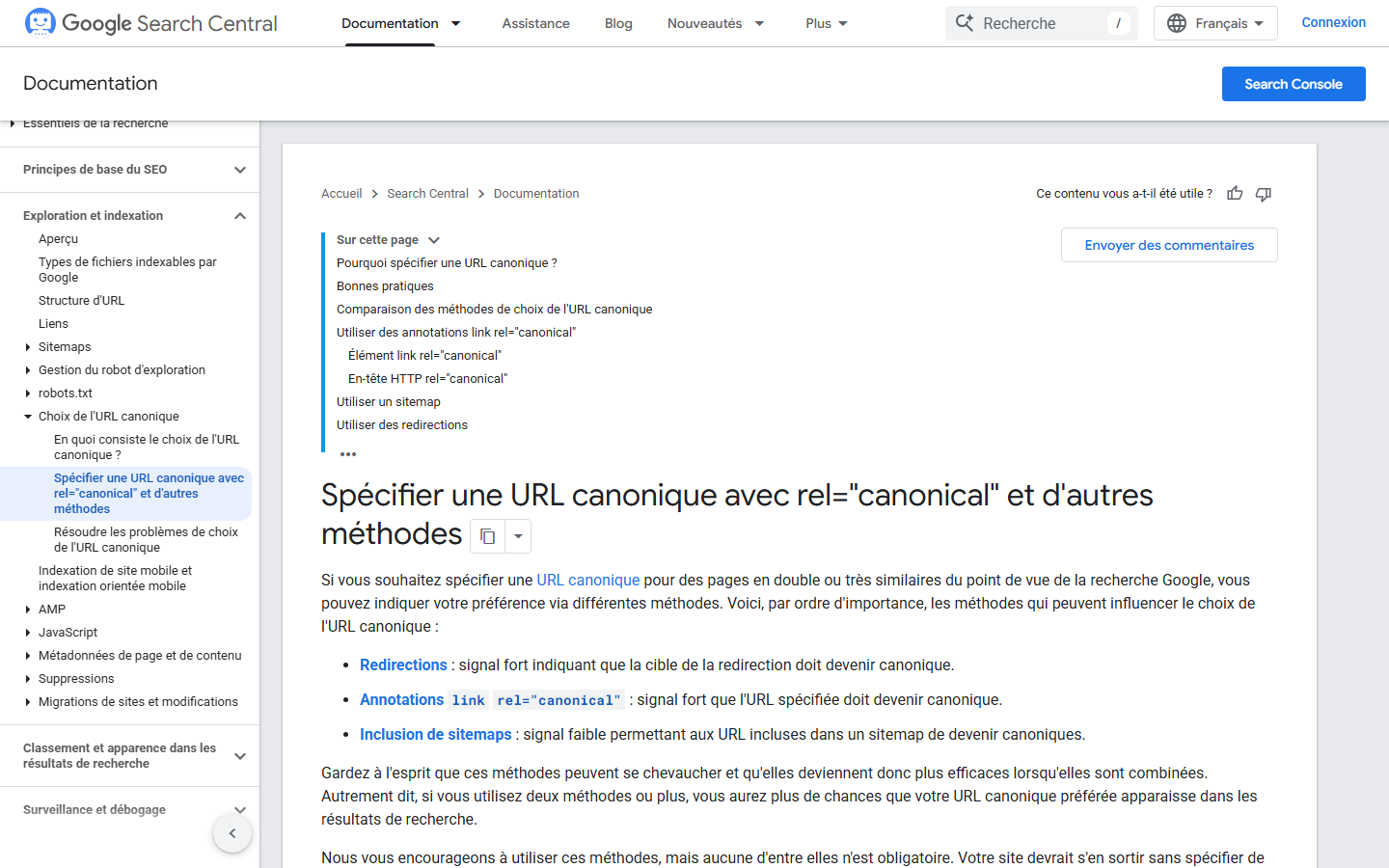 Documentation Google sur la consolidation des URL en double et les balises canoniques