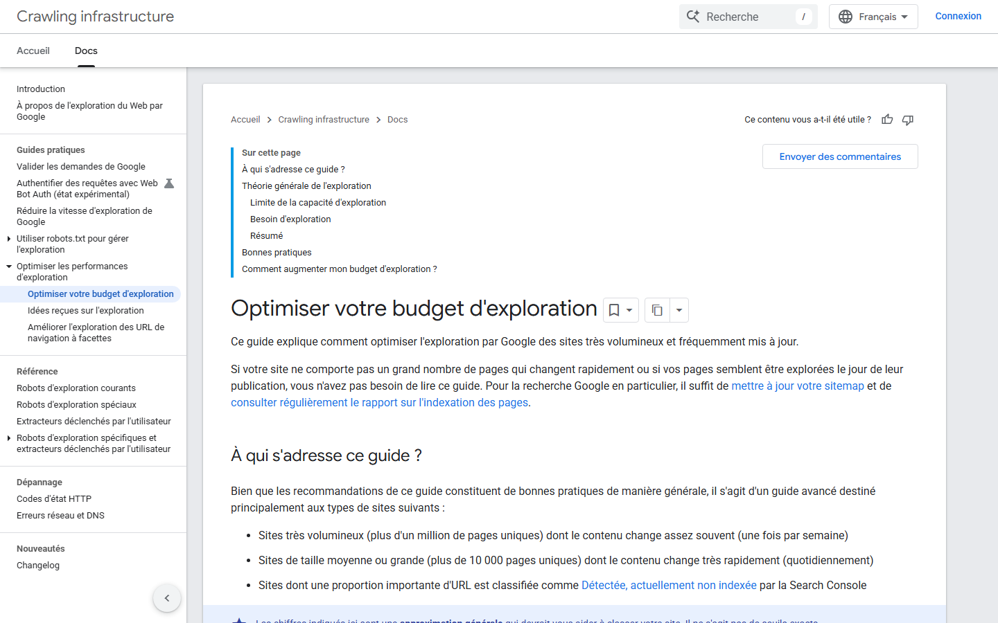 Documentation Google sur la gestion du budget d'exploration des grands sites