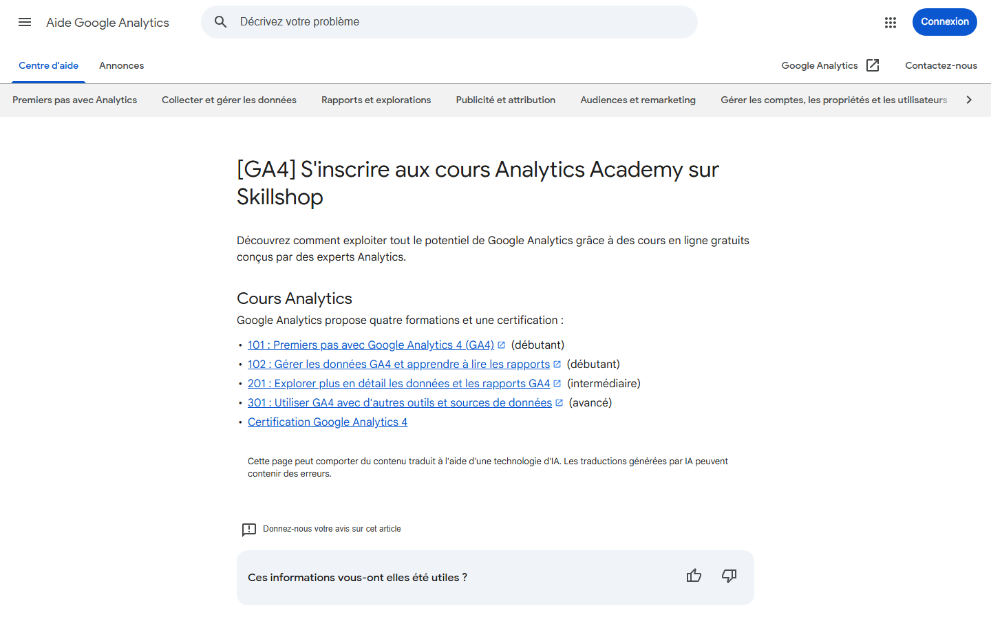 Page d'accueil de Google Analytics Academy