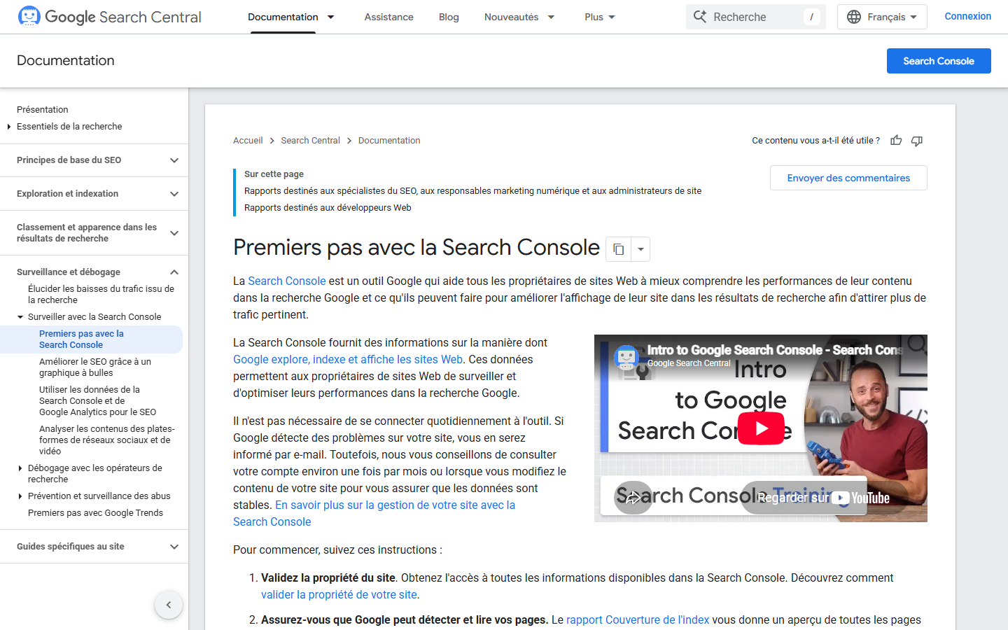 Page de démarrage de la Google Search Console