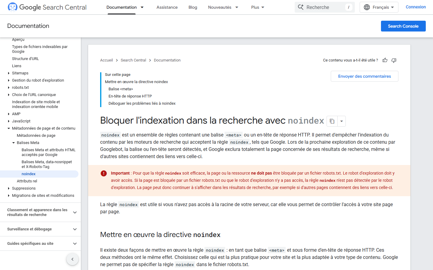 Documentation Google sur le blocage de l'indexation des pages