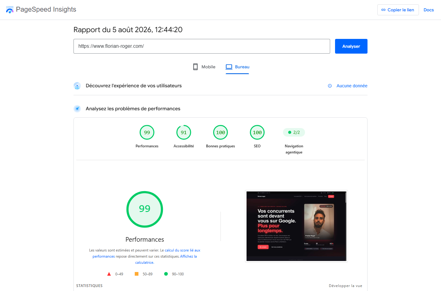 Rapport PageSpeed Insights du site florian-roger.com