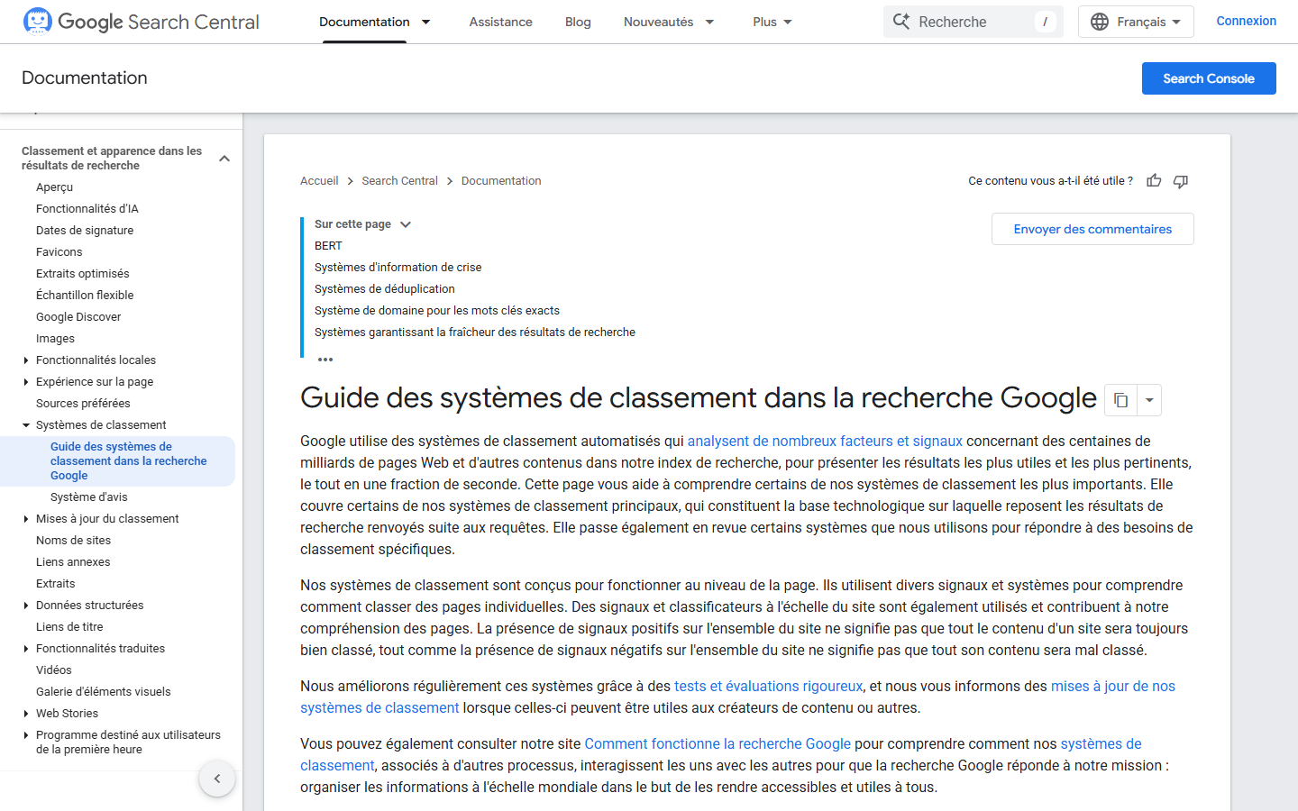 Documentation Google sur les systèmes de classement dans les résultats de recherche