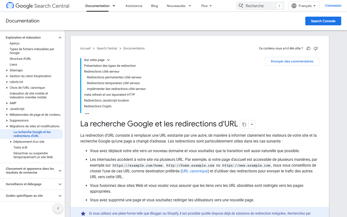 Documentation Google sur les redirections permanentes