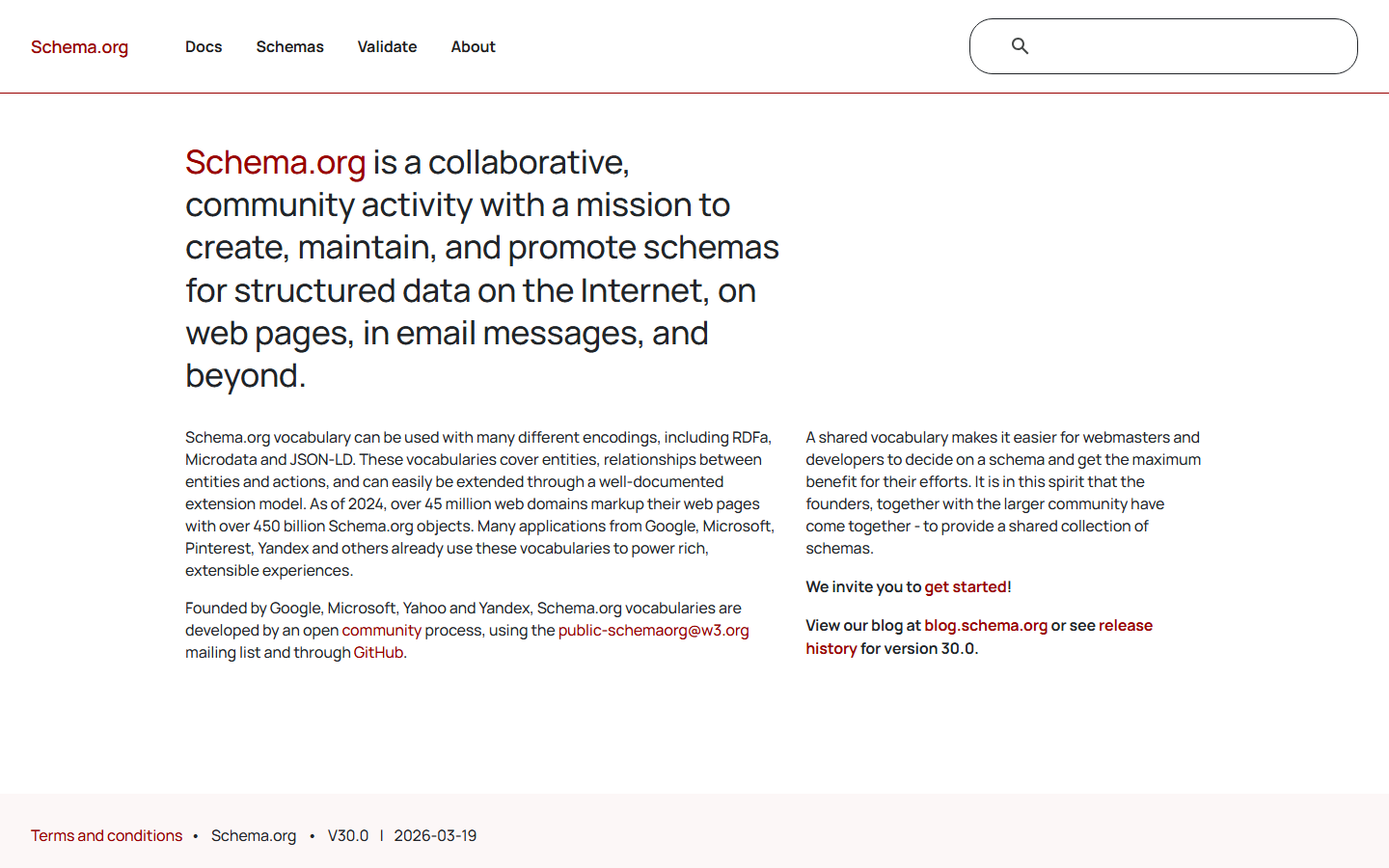 Page d'accueil de Schema.org, vocabulaire de référence des données structurées