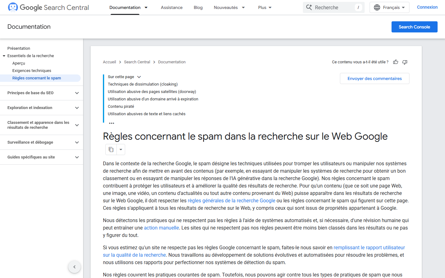 Documentation Google sur les règles relatives au spam et aux liens