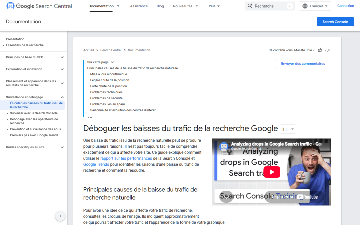 Documentation Google sur le diagnostic des baisses de trafic