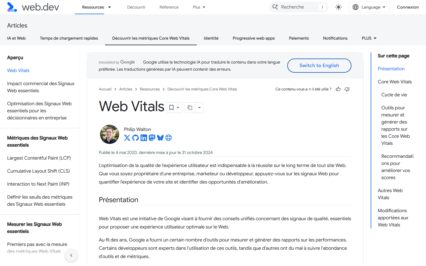 Article de référence sur les Core Web Vitals et les métriques de performance web